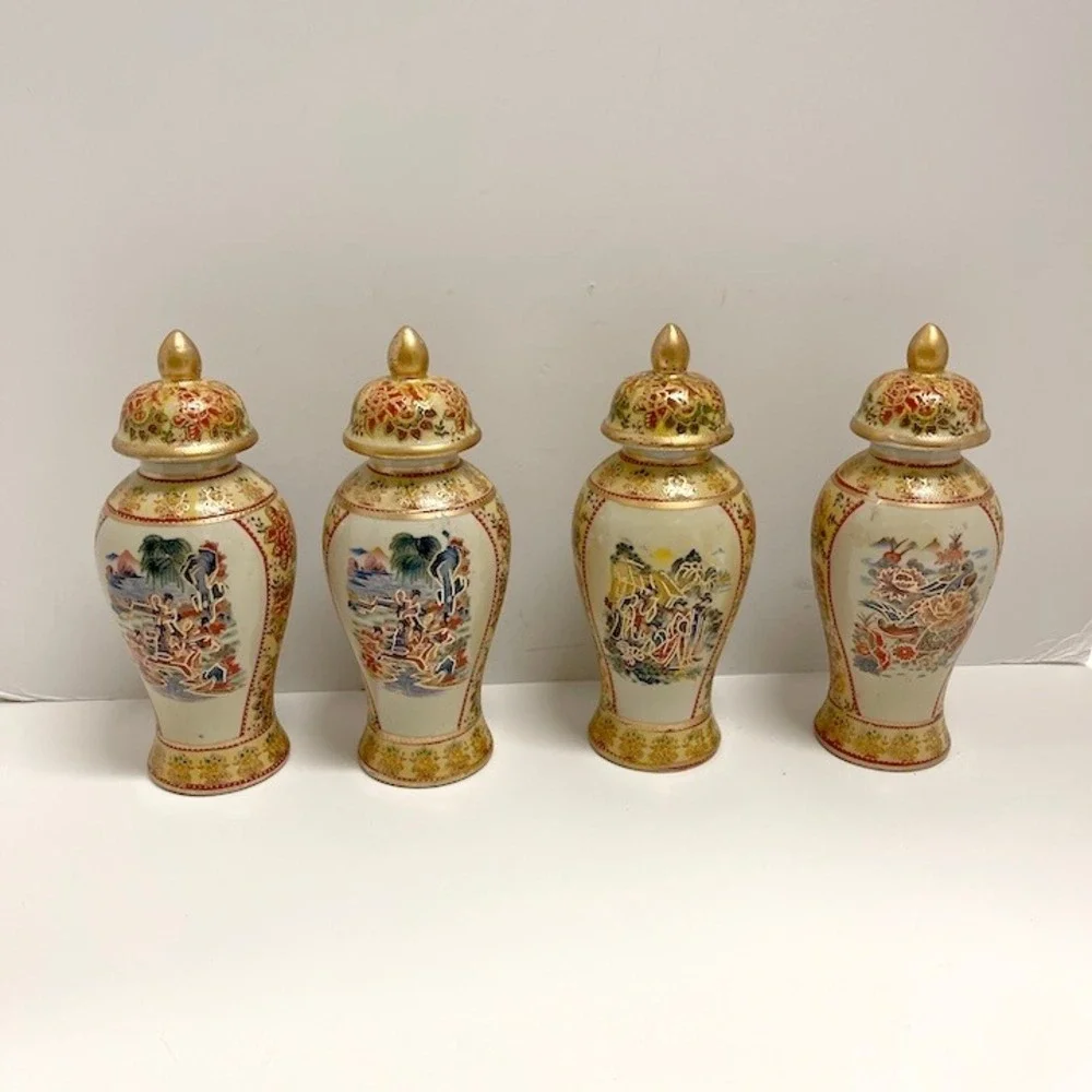 Set of 4 Vintage Mid-Century Satsuma Style Lidded Temple Jars 8 Inches Lot 2